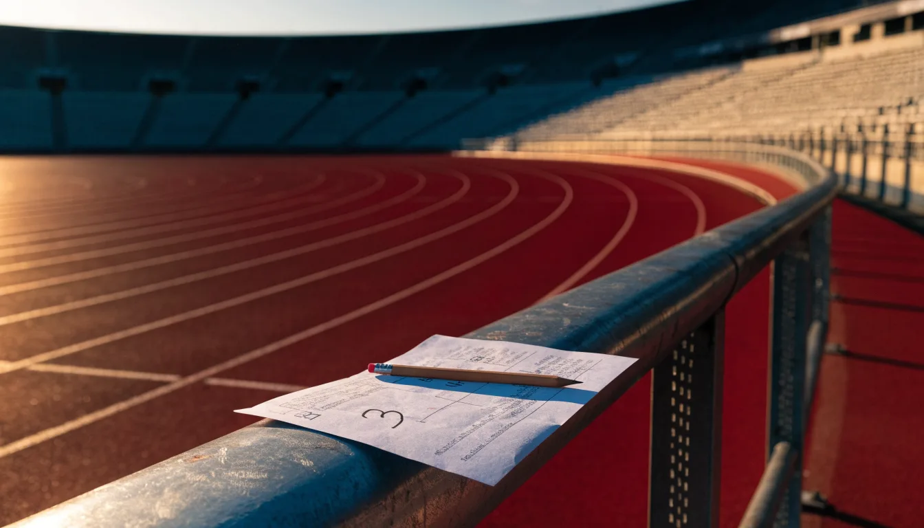 Eine rote Laufbahn in einem leeren Stadion bei Sonnenaufgang, die Bahnen ziehen sich in die Kurve.